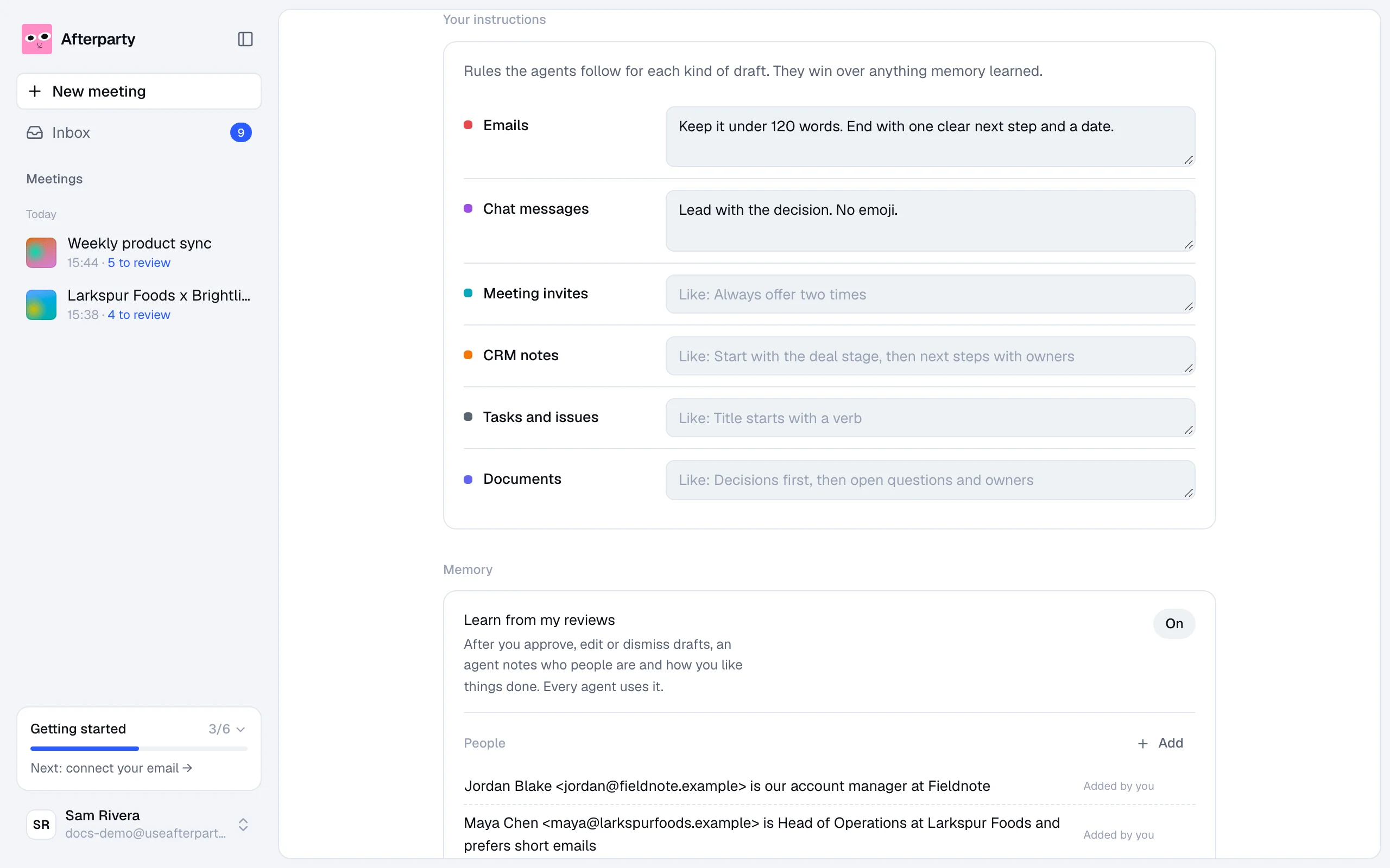 Your instructions in Settings, one field for each kind of draft
