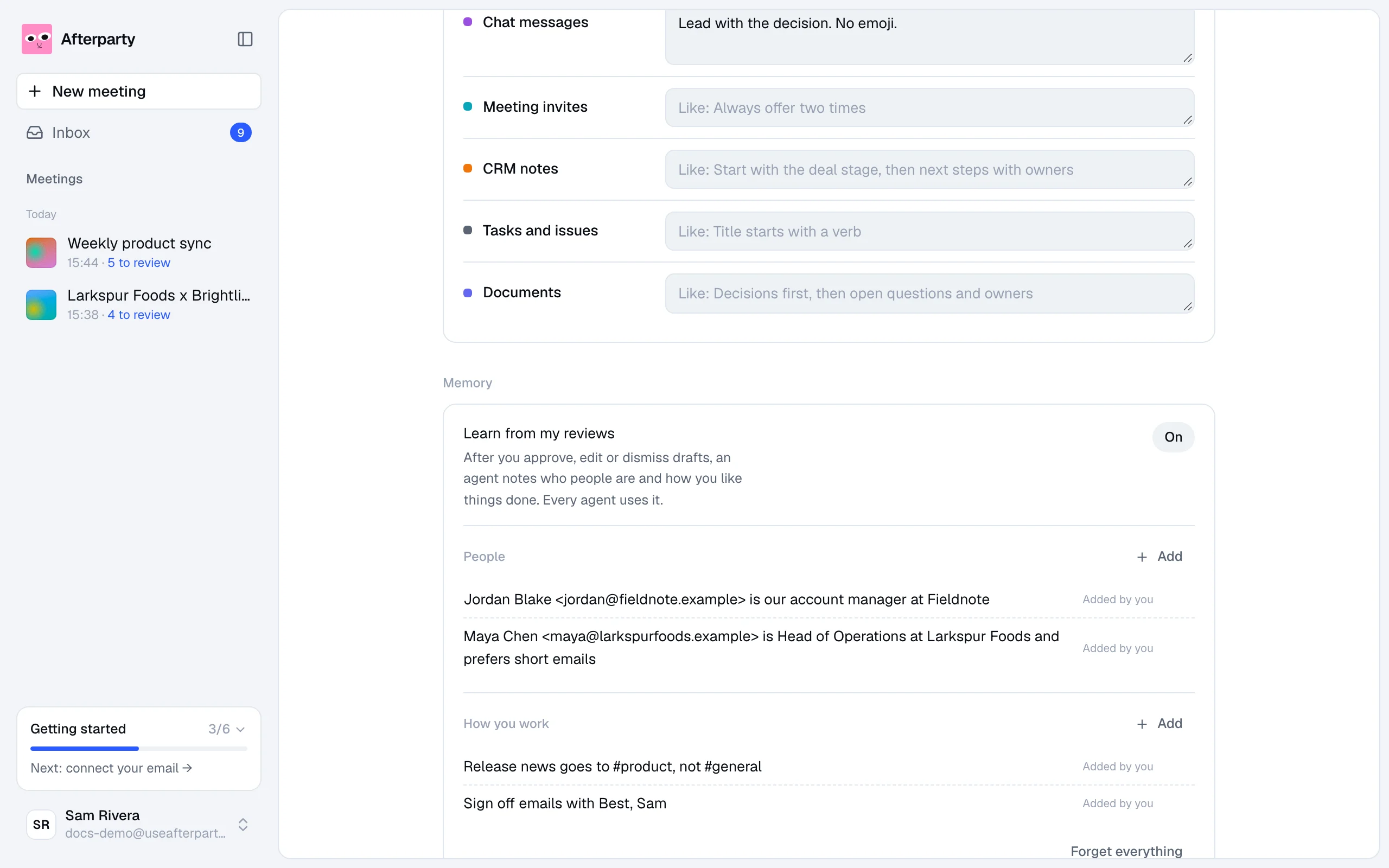 Memory in Settings: learn from my reviews, people and how you work