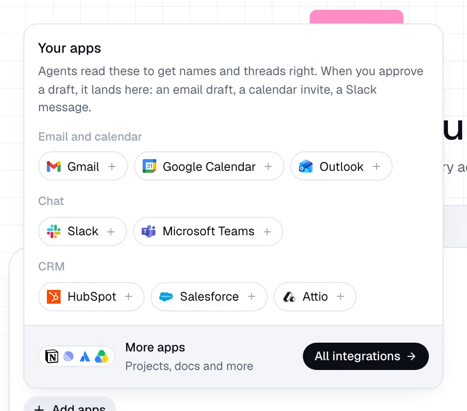 The Your apps menu with Gmail, Google Calendar, Outlook, Slack, Microsoft Teams, HubSpot, Salesforce and Attio