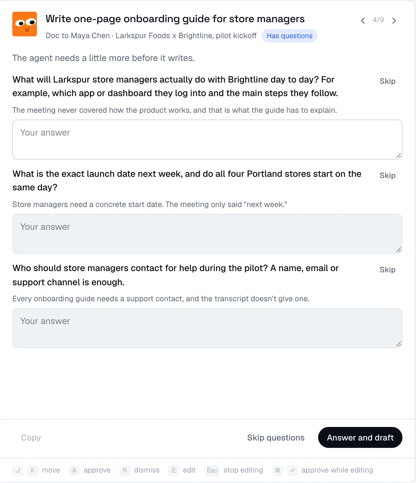 The agent asks three questions before writing an onboarding guide