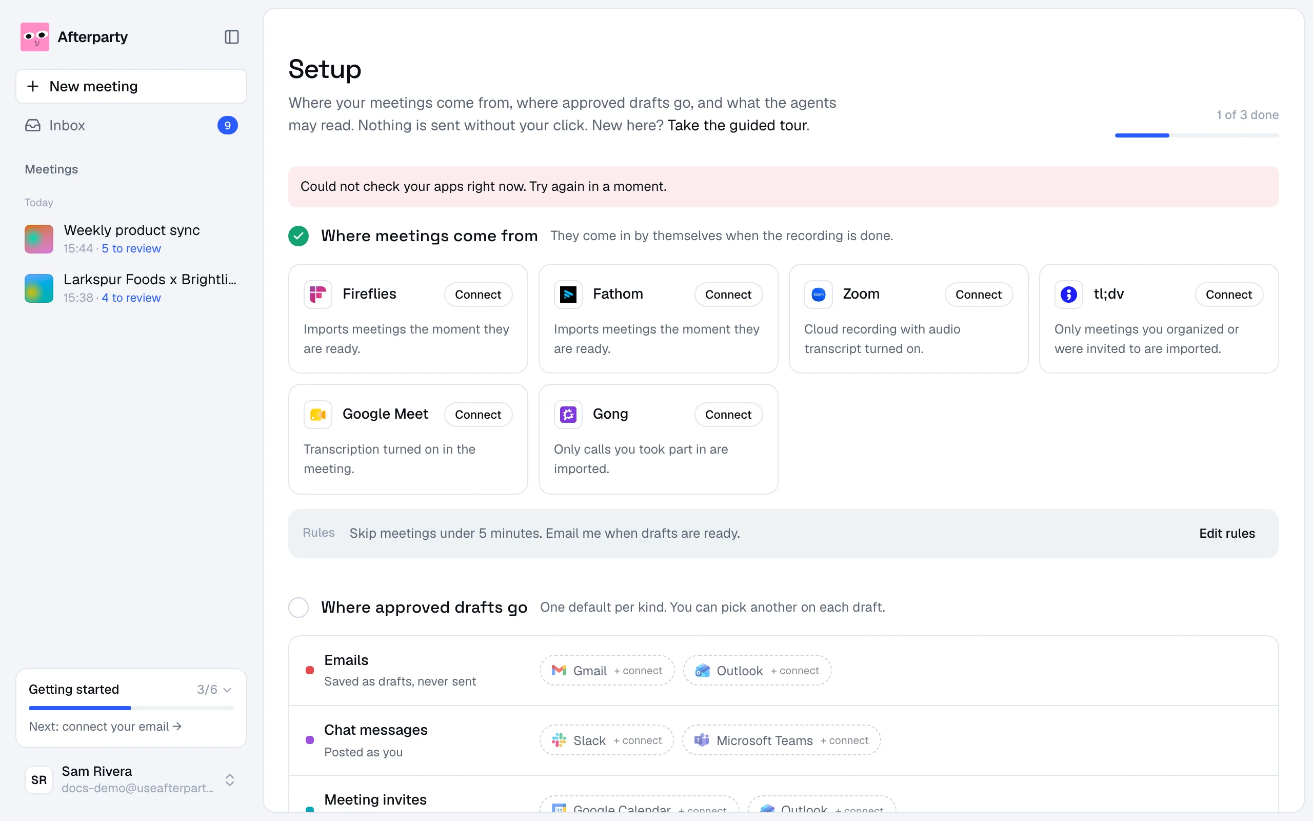 The Setup page: where meetings come from, with Fireflies, Fathom, Zoom, tl;dv, Google Meet and Gong